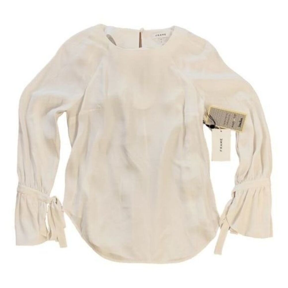 NWT Frame silk Blouse Women's XS Peasant scallop cuff Cream/Ivory Romantic